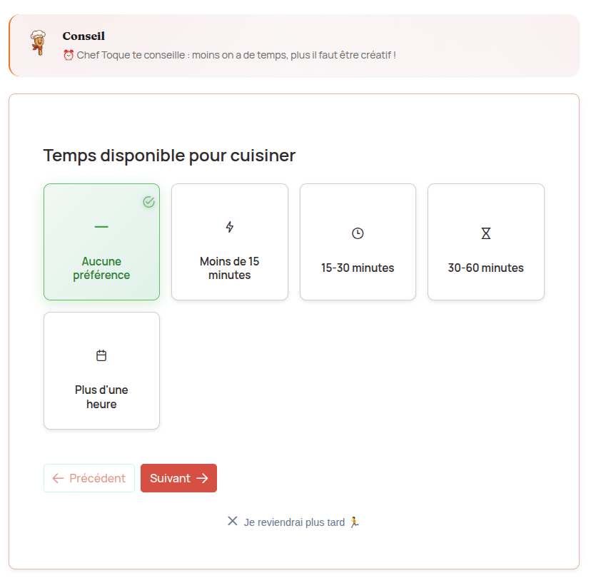 Questionnaire de préférences alimentaires du planificateur ToqueToc